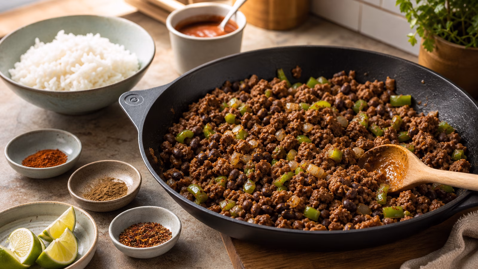 A skillet of seasoned ground meat and vegetables beside rice, spices, lime, and sauce.