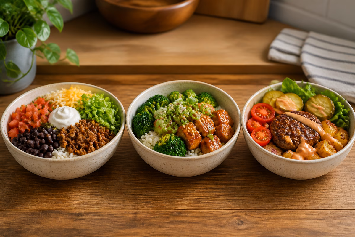 Three simple bowl variations: taco-style, soy-ginger, and burger bowl arranged side by side