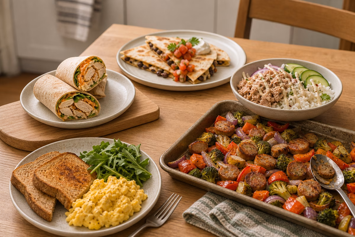 A weeknight table of low-effort meal formulas including a wrap, quesadilla, eggs and toast, tuna rice bowl, and sheet-pan dinner