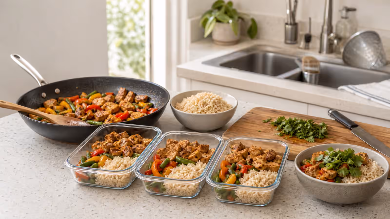 A tidy kitchen counter with a skillet of cooked protein and vegetables, rice, containers, herbs, a finished bowl, and a clean sink area.