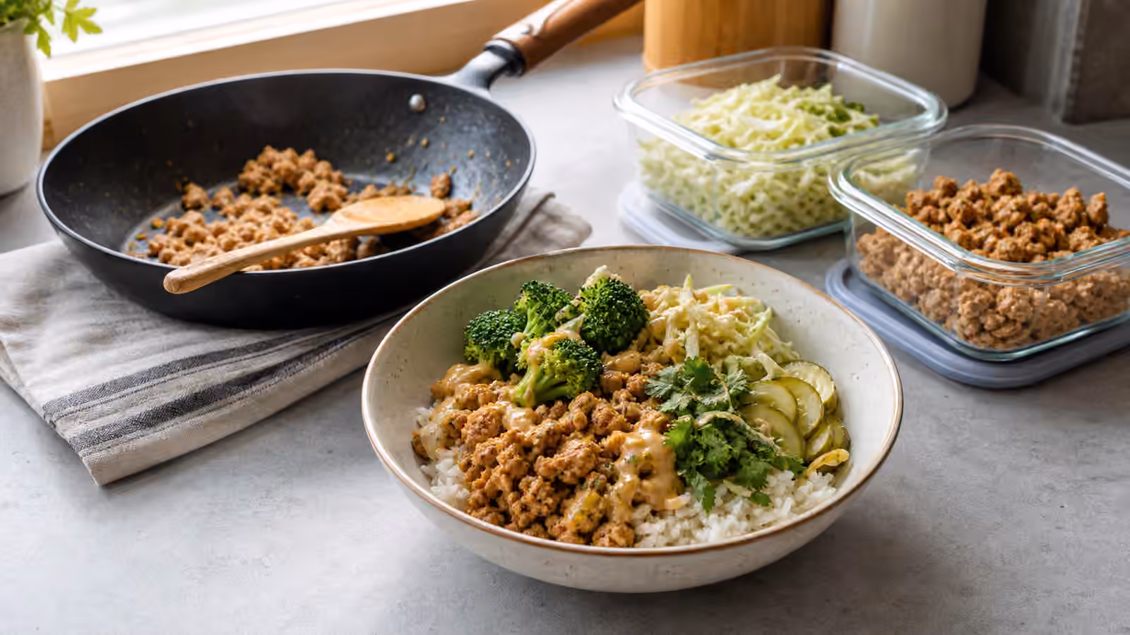 A small-batch boy kibble bowl with rice, browned turkey, broccoli, cabbage, pickles, sauce, a skillet, and compact storage containers.