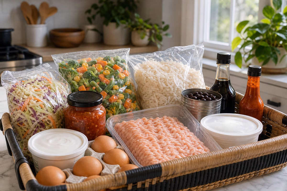 A smart grocery basket for simple bowls with proteins, rice, beans, vegetables, slaw, and contrasting sauces
