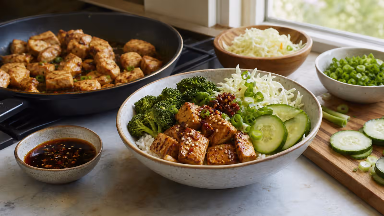 A soy-ginger boy kibble bowl with rice, browned tofu, broccoli, cucumber, cabbage, scallions, sesame seeds, chili crisp, and sauce.