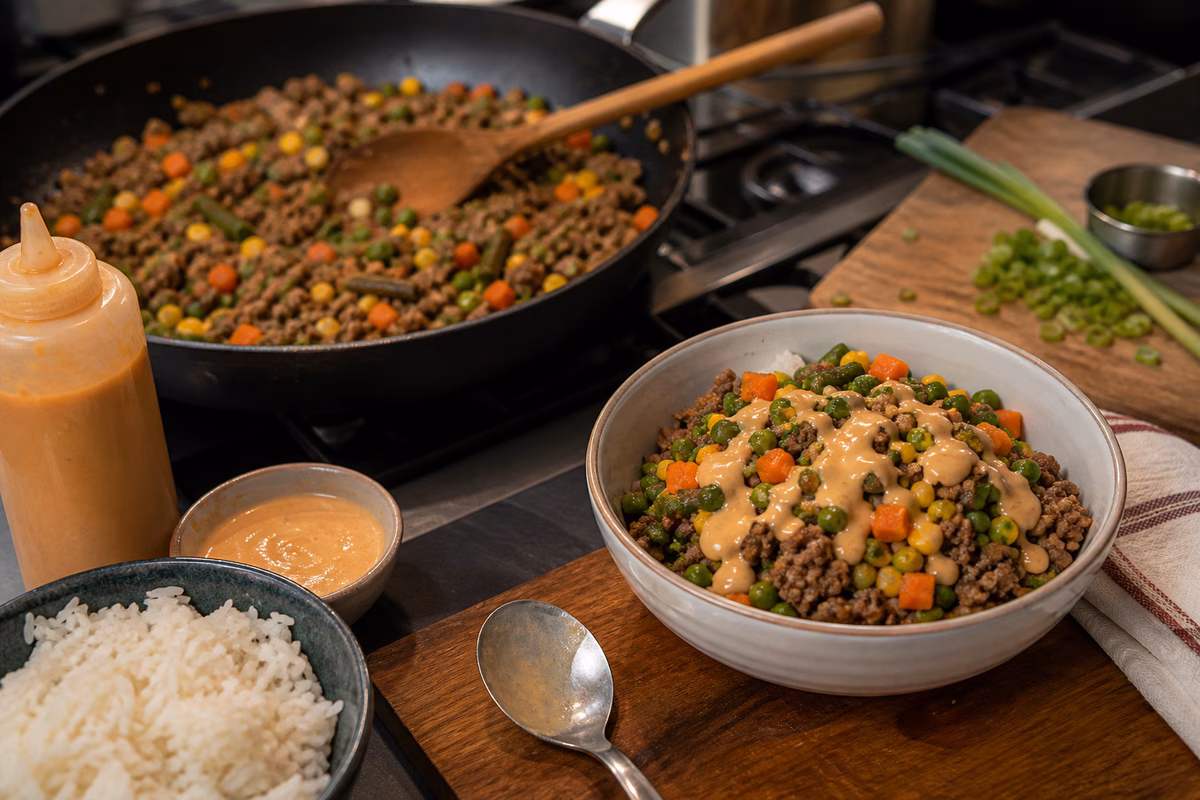 A starter boy kibble setup with browned meat and vegetables in a skillet, rice, sauce, and a finished bowl