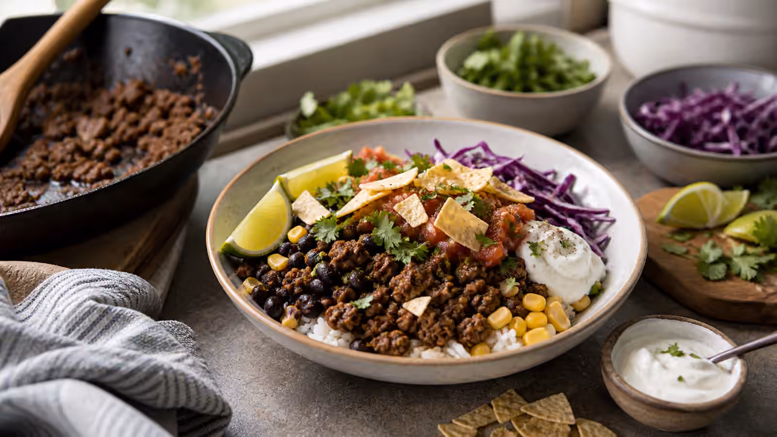 A taco-style boy kibble bowl with rice, seasoned meat, black beans, corn, cabbage, salsa, lime, cilantro, and yogurt sauce.