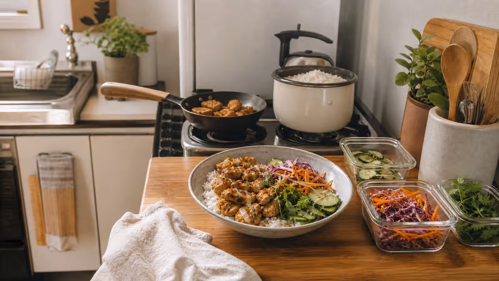 A compact rental kitchen counter with a finished rice bowl, small skillet, rice cooker, storage containers, slaw, herbs, and simple sauces.