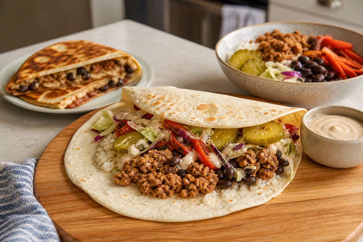 A tortilla filled with rice, browned protein, black beans, slaw, pickles, peppers, and sauce beside a quesadilla and a simple bowl of the same components.