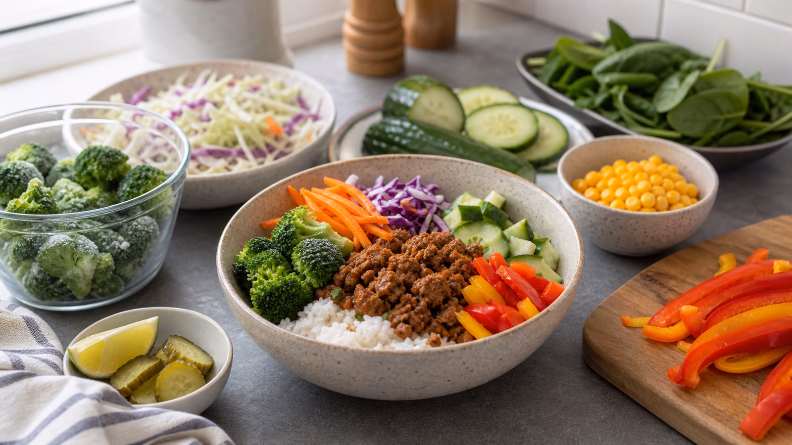A simple rice and ground meat bowl surrounded by broccoli, slaw, cucumber, spinach, corn, peppers, pickles, and lime.