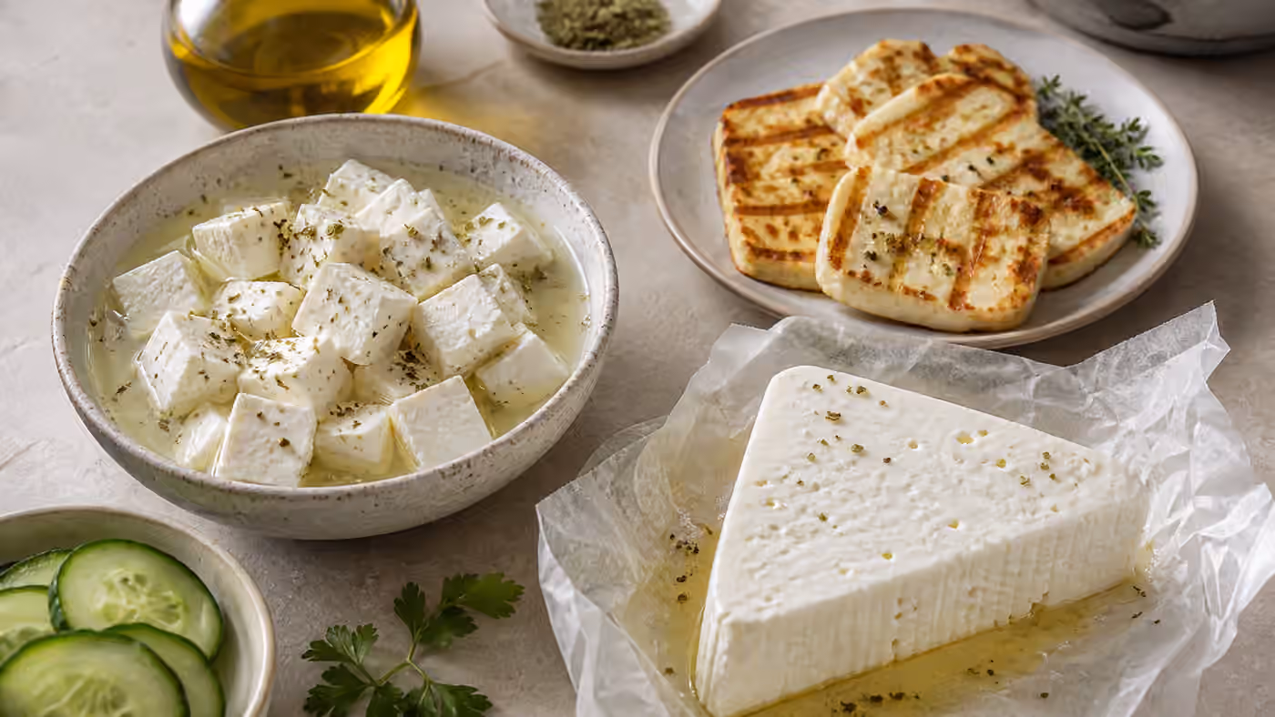 Brined Cheese: Feta, Halloumi-Style, White Wedges, and Salt