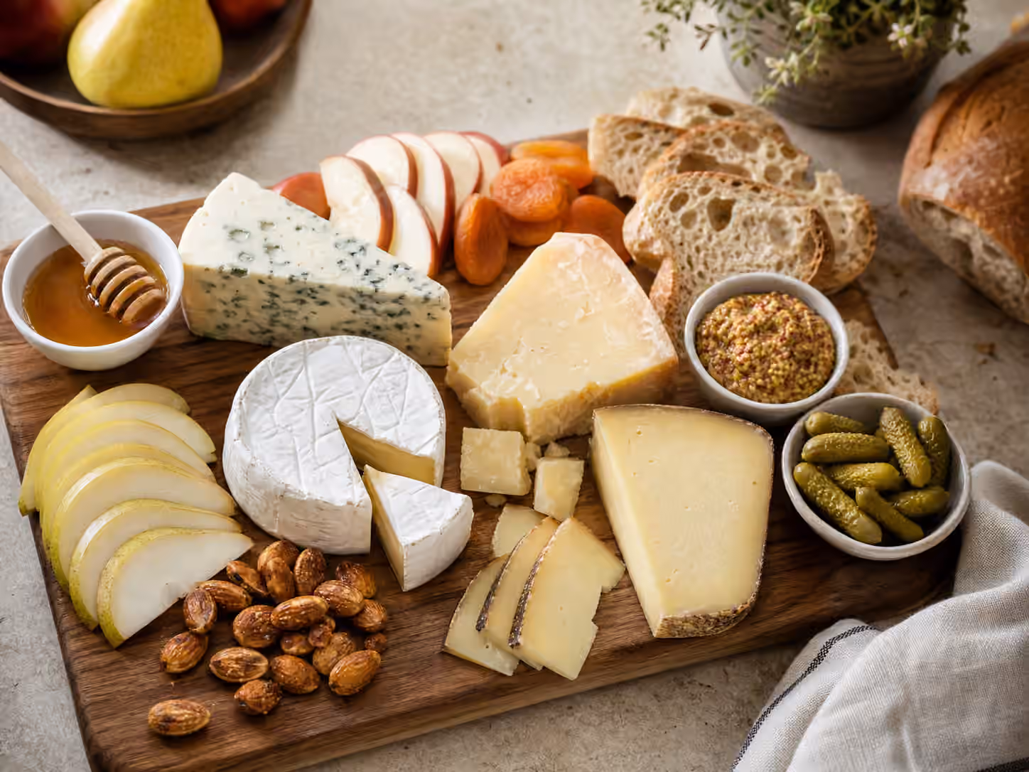 Cheese Accompaniments: Bread, Fruit, Pickles, Honey, and Nuts
