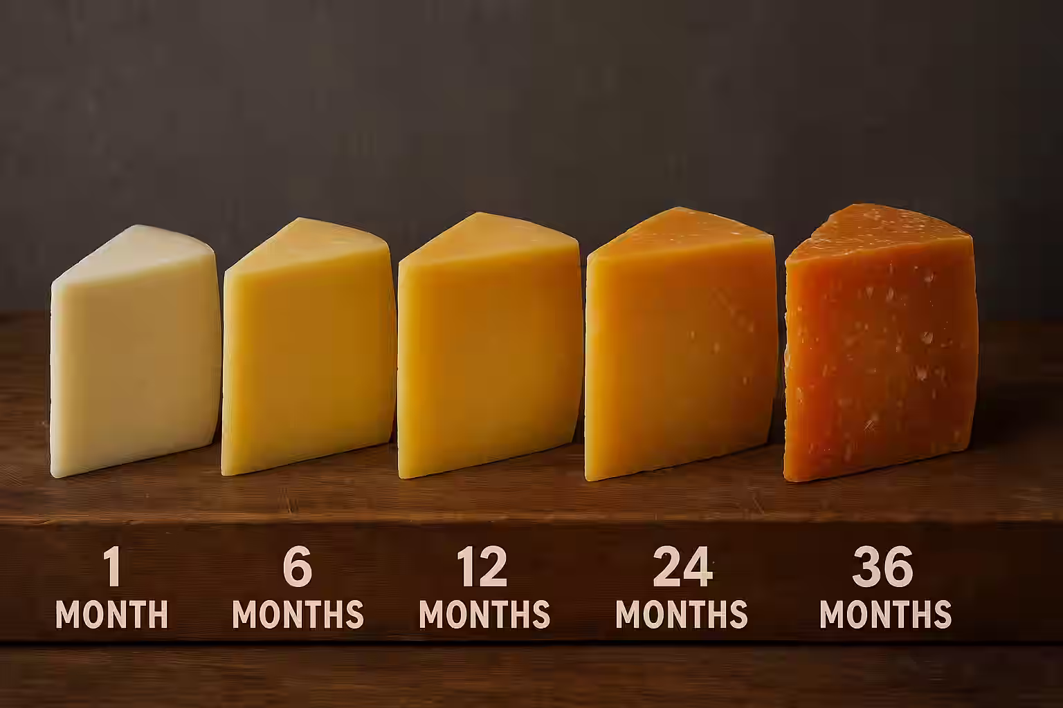 Five wedges of the same cheese variety at different aging stages arranged from left to right - fresh white at 1 month, pale yellow at 6 months, golden at 12 months, amber crystalline at 24 months, deep orange with visible crystals at 36 months, each labeled with age