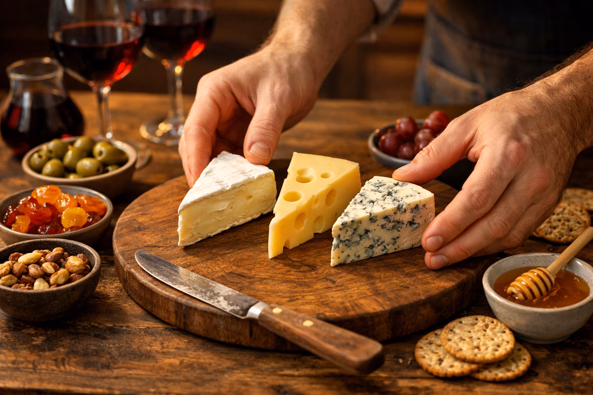 A hands-on cheese board assembly scene with a wooden board, three cheese wedges being placed, a knife, wine glasses in the background, accompaniments ready to arrange, warm kitchen lighting, realistic food photography