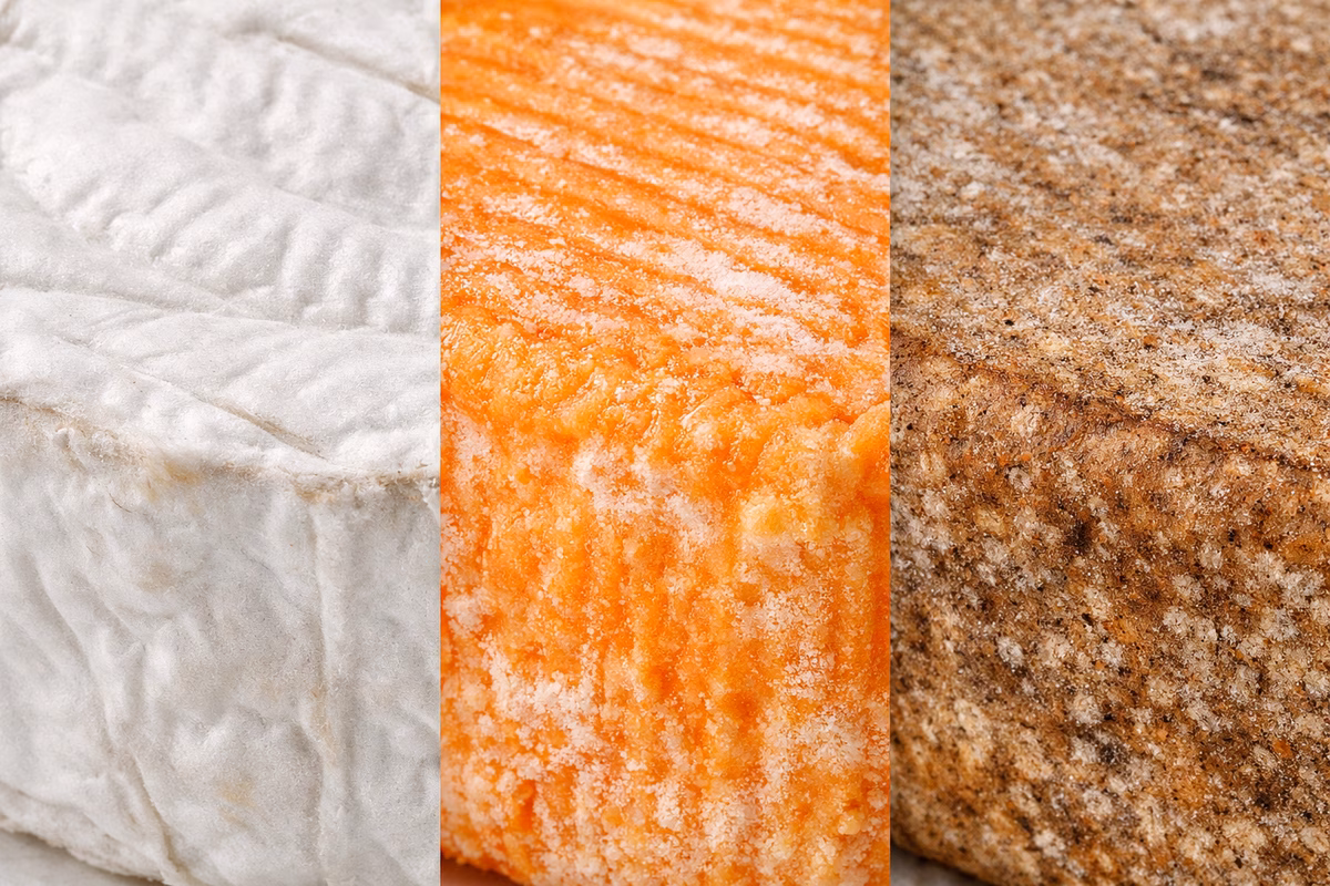 triptych close-up of three cheese rinds: a white bloomy Brie rind, an orange washed-rind Taleggio, and a natural brown rind, showing distinct textures and colors, realistic food photography