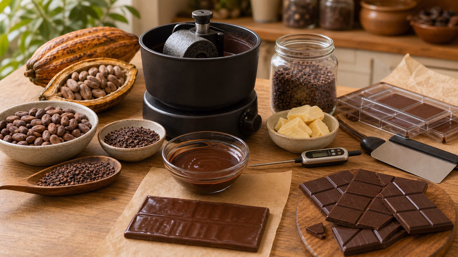 Cacao beans, nibs, grinder, cocoa butter, molds, thermometer, and finished chocolate on a workbench.