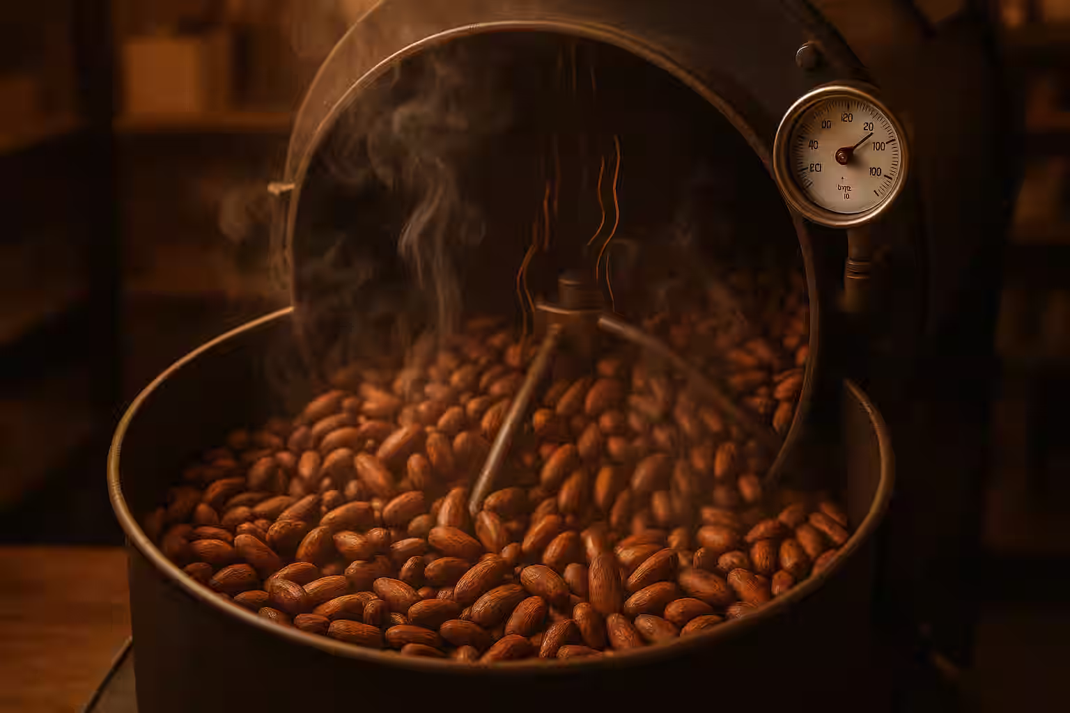 Cacao beans tumbling in a drum roaster with visible heat waves, rich brown color developing, aromatic steam rising, temperature gauge visible, warm ambient lighting in a craft chocolate workshop
