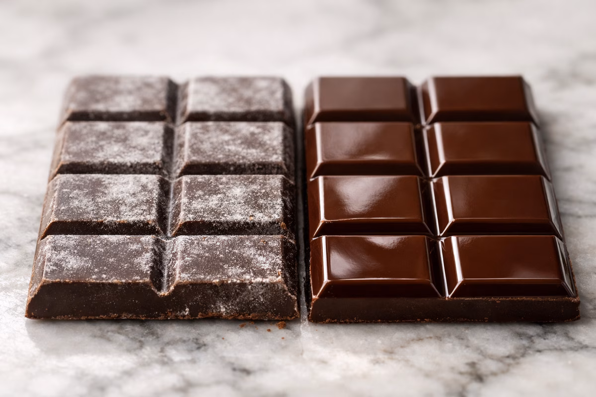 Macro comparative shot of two pieces of chocolate placed side by side: the left piece is covered in a white dusty sugar bloom indicating a defect, while the right piece is pristine, glossy, and perfectly shiny, shot against a dark background