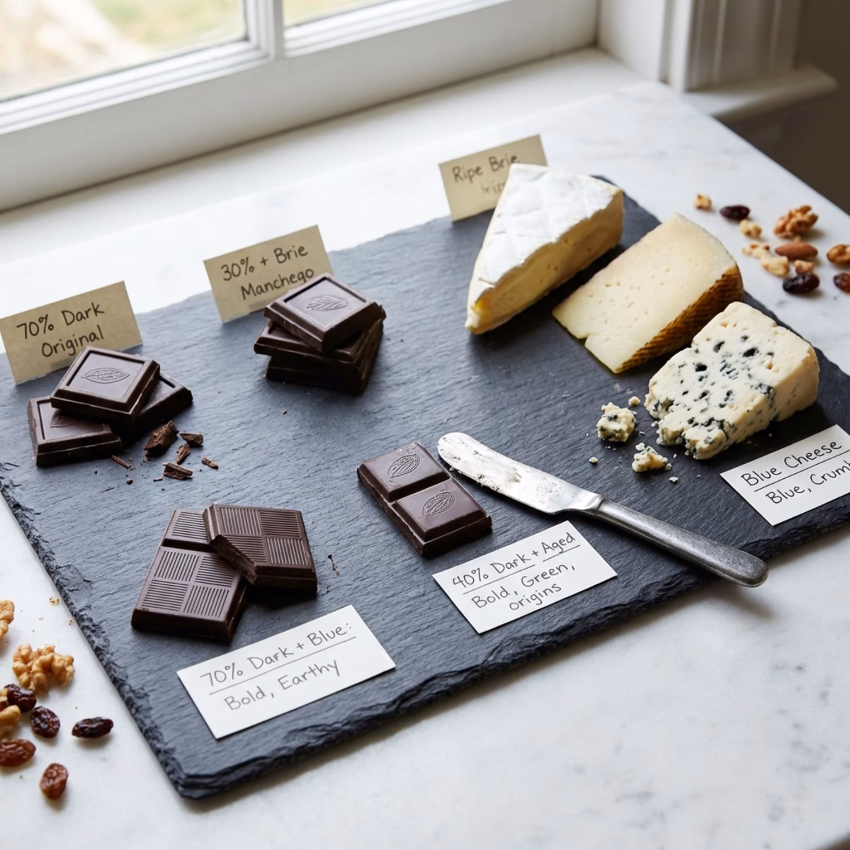 A tasting board with dark chocolate squares and a few cheeses (brie, manchego, blue), small pairing note cards, and a simple knife on a slate board, soft ambient light, realistic food photography