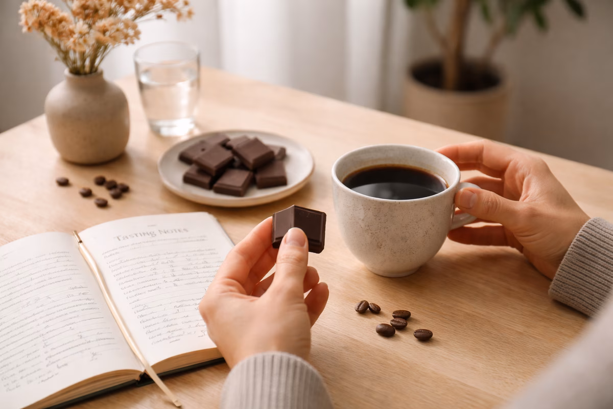 A person tasting a chocolate and coffee pairing: one hand holding a piece of dark chocolate, the other cradling a ceramic cup of black coffee, a tasting notes journal open nearby, minimalist cafe setting with soft natural light