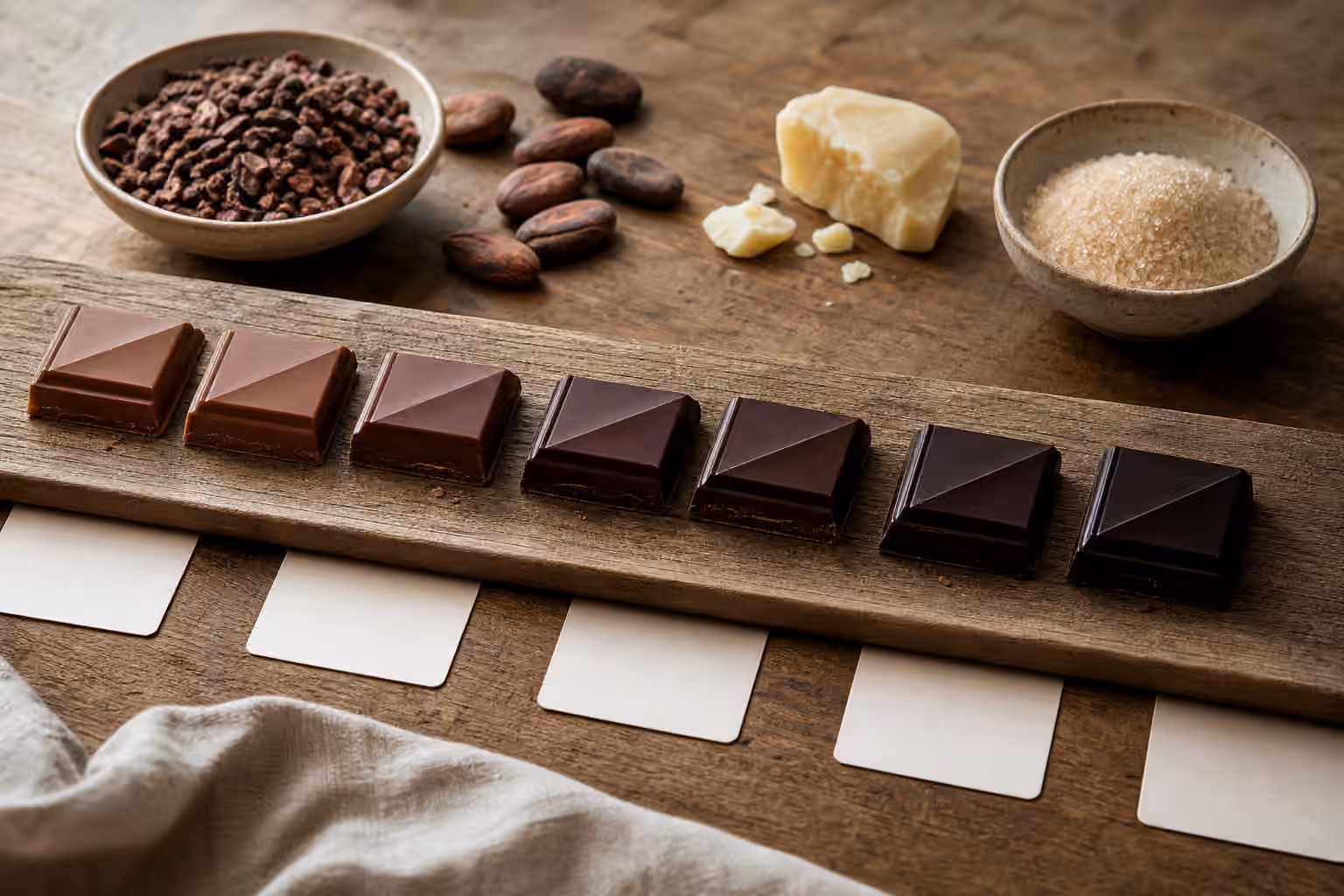 Chocolate tasting row showing lighter to darker pieces with cacao ingredients