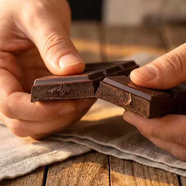 Close up of a person snapping a piece of dark chocolate securely in half with two hands, showing a clean precise fracture and a glossy pristine surface under elegant warm lighting