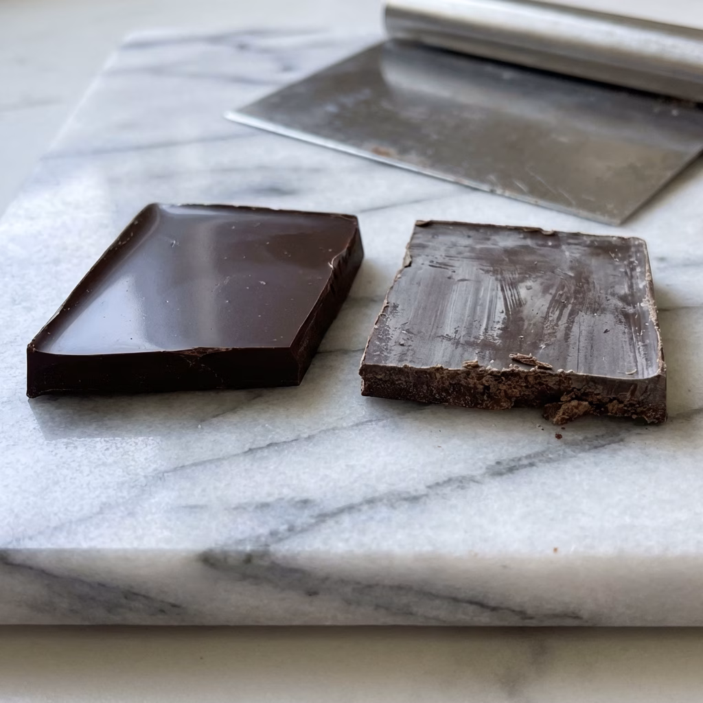 Close-up comparison of properly tempered chocolate (glossy, clean snap) next to bloomed chocolate (gray streaks and dull surface), on a marble slab with a bench scraper, neutral lighting, realistic macro photography