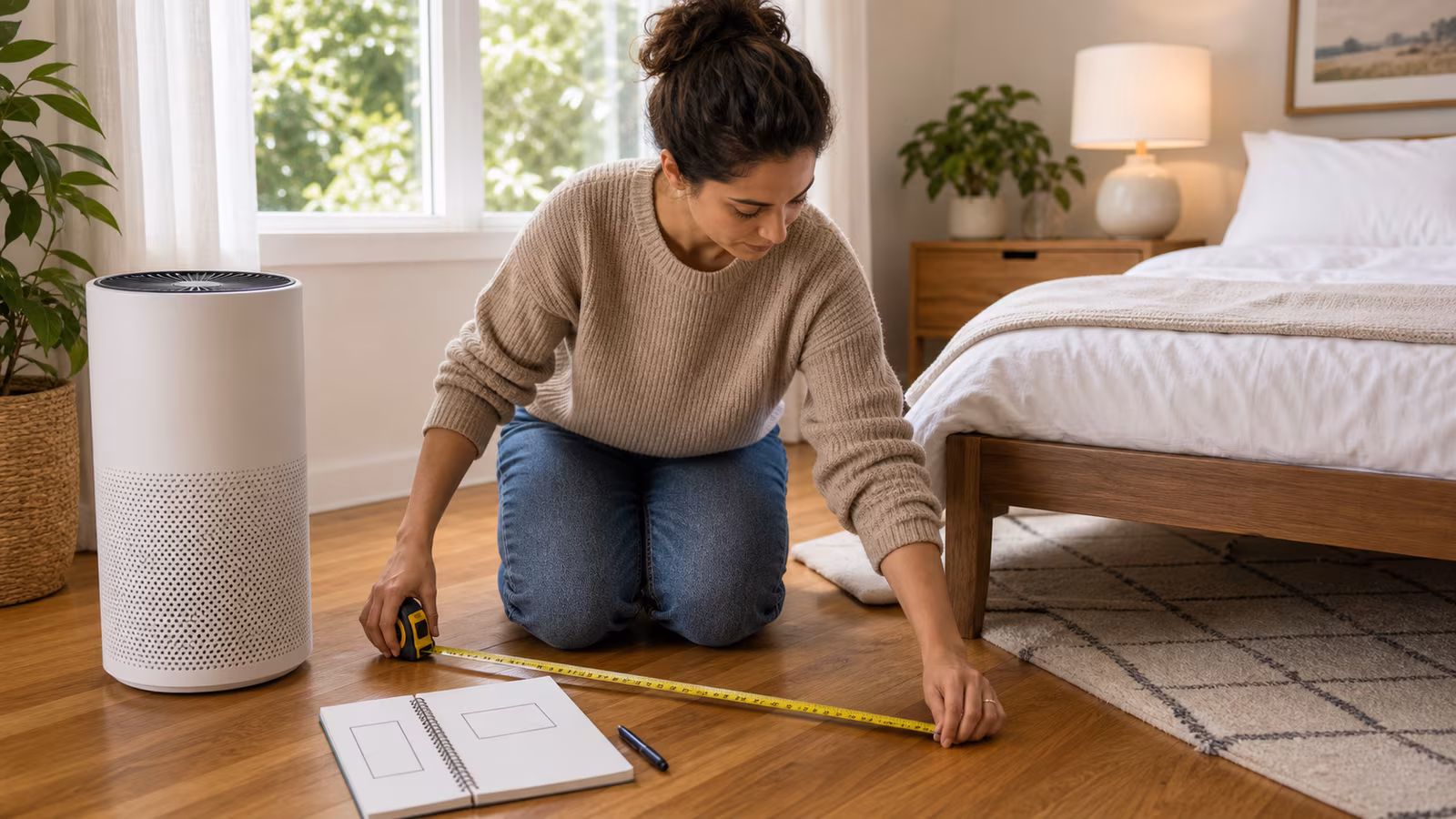 A tape measure, purifier box with blank label, room sketch, calculator, and sofa in a bright living room.