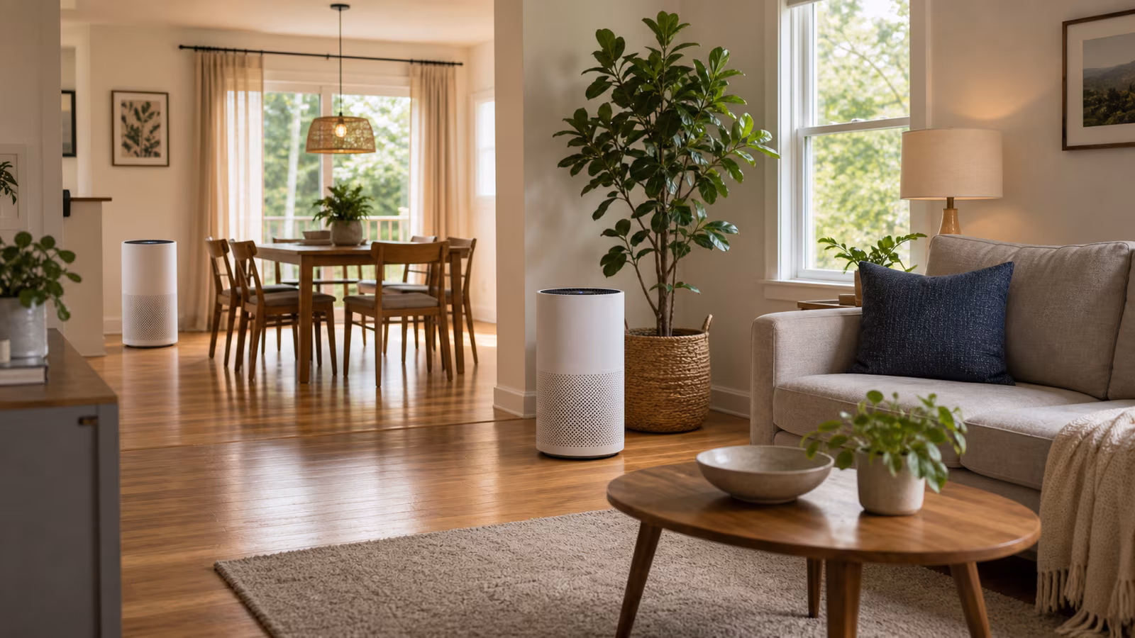 An open kitchen living space with two purifiers in separate zones, tape measure, sofa, dining table, and range hood.