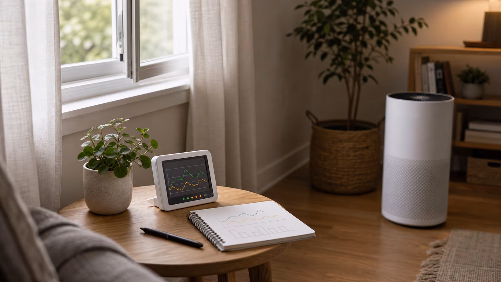 A desk with a consumer air monitor, notebook of trend arrows, purifier, window, and cooking pan in the background.