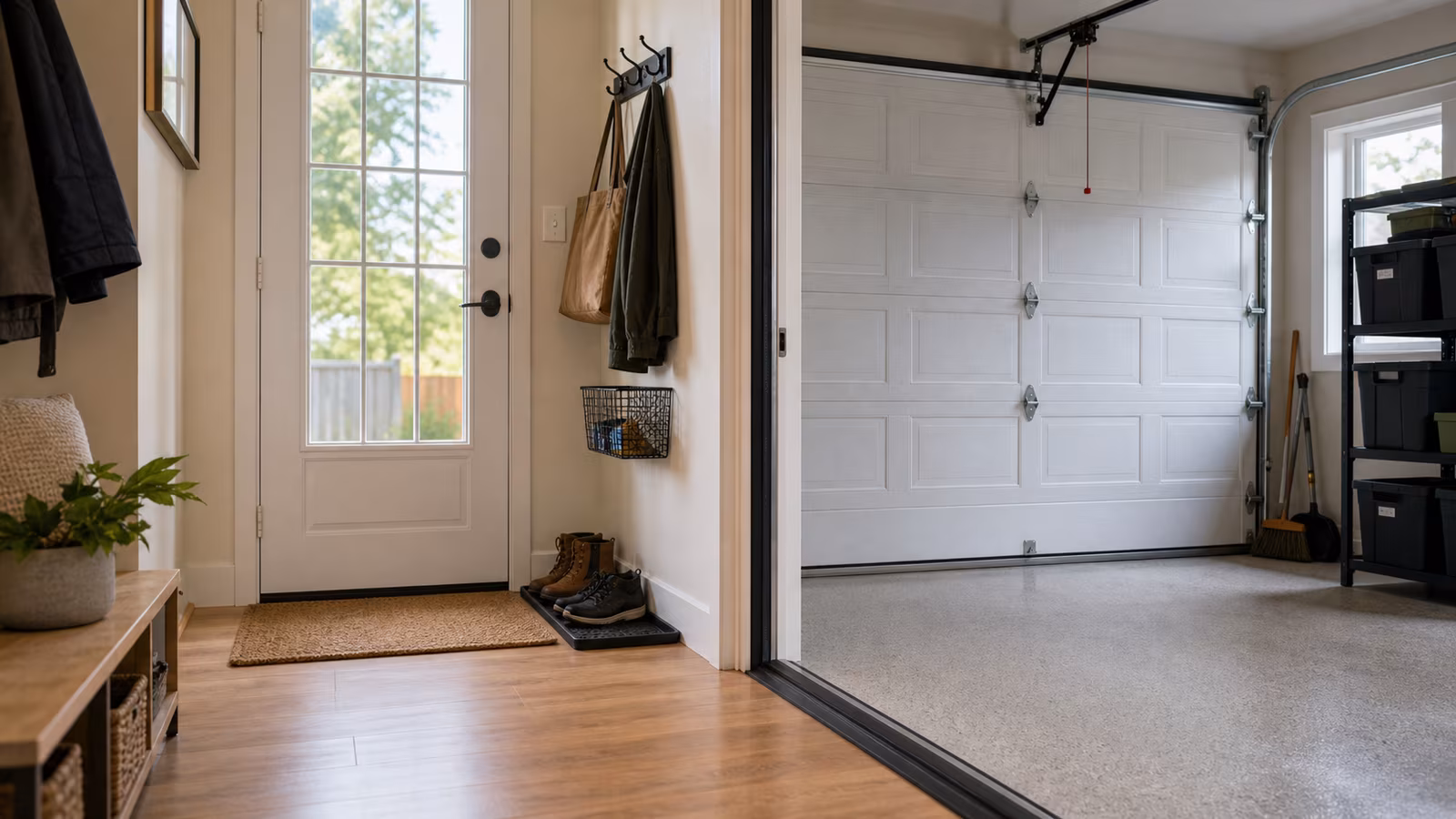 An attached garage entry with closed weatherstripped door, shoe mat, stored paint sealed on a shelf, and no car running.
