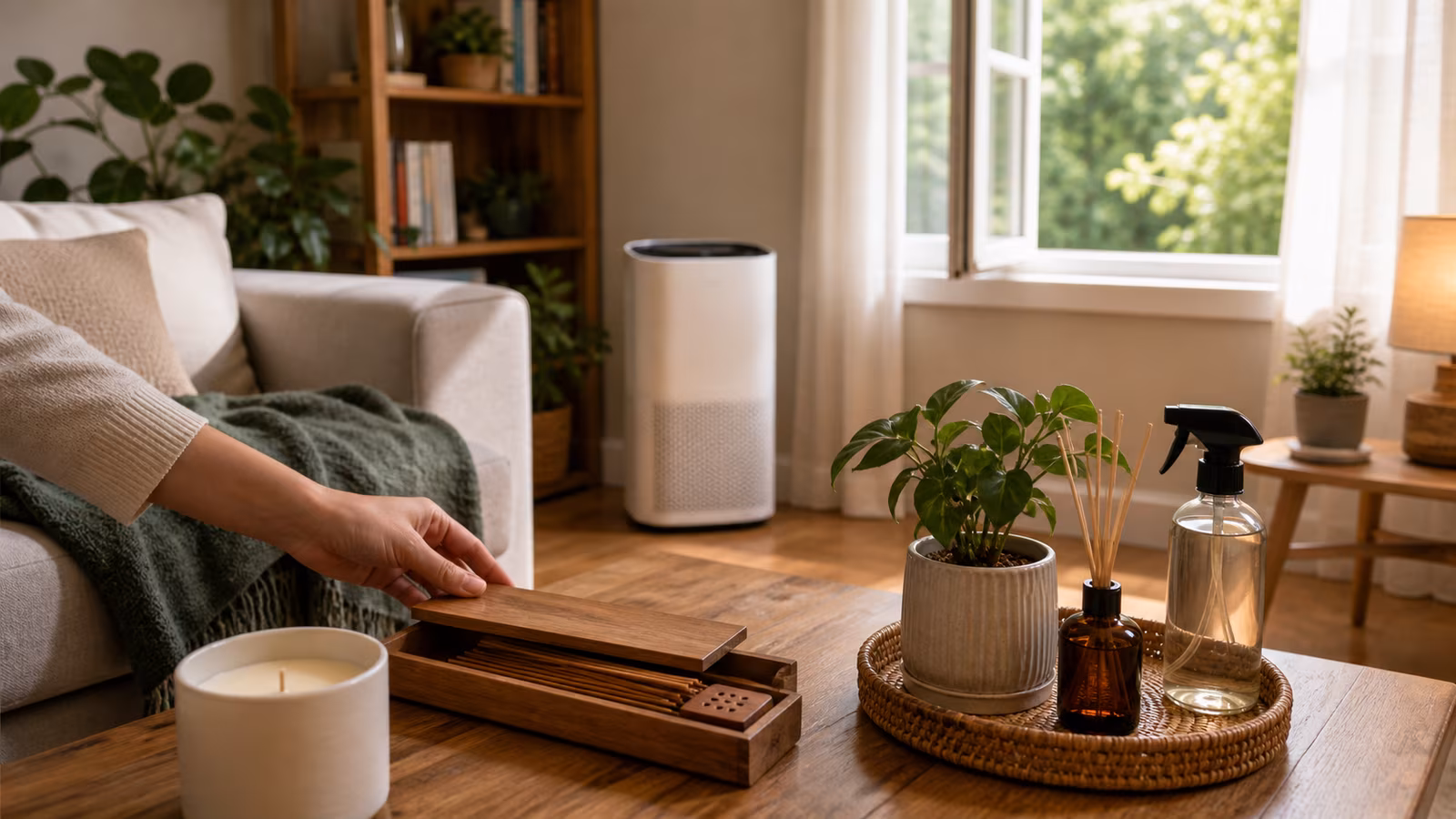 A coffee table with an unlit candle, open window, purifier in background, matchbox put away, and clean textile surfaces.