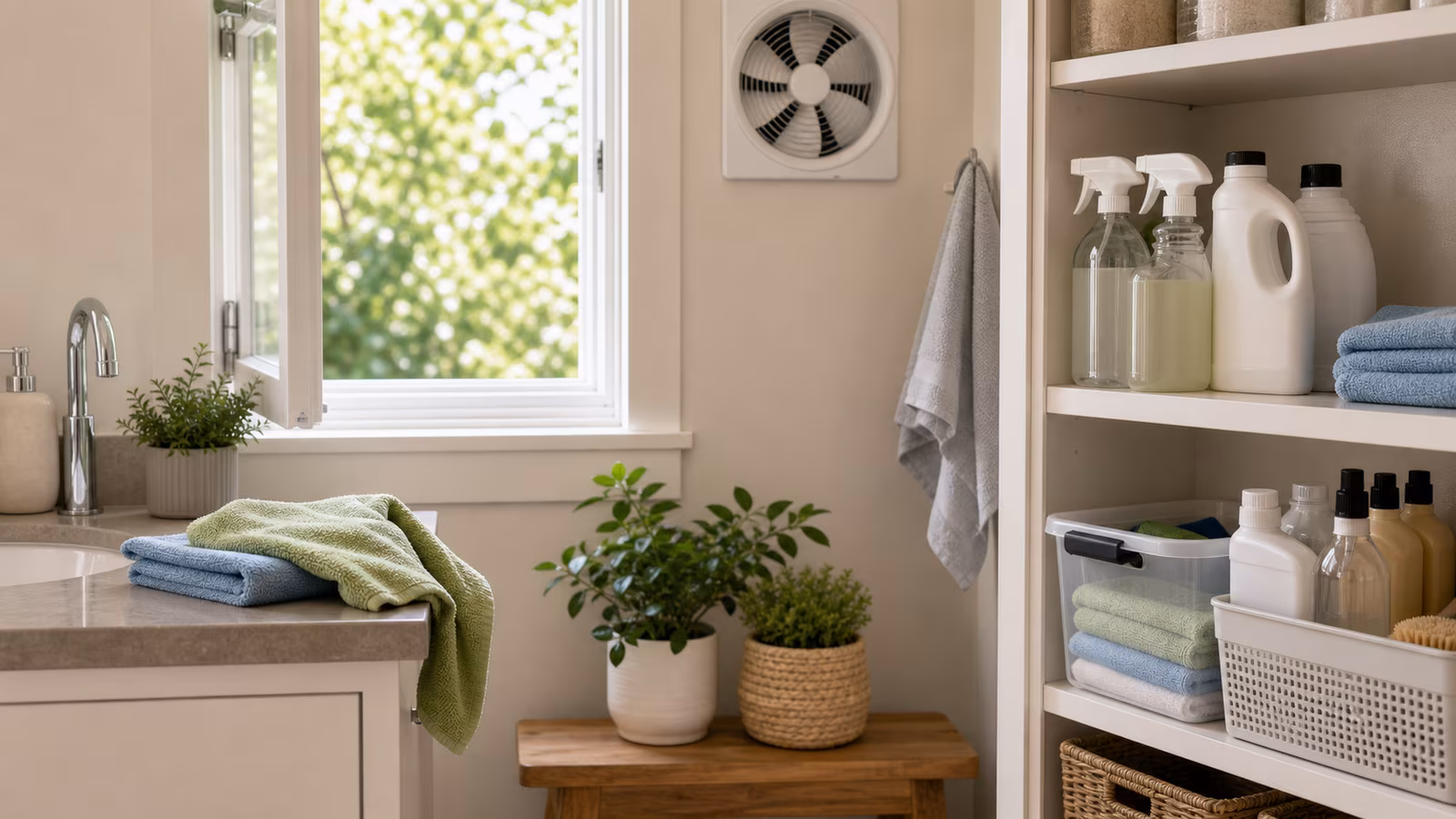 A cleaning cabinet with closed bottles, gloves, open window, fan, and microfiber cloths on a kitchen counter.