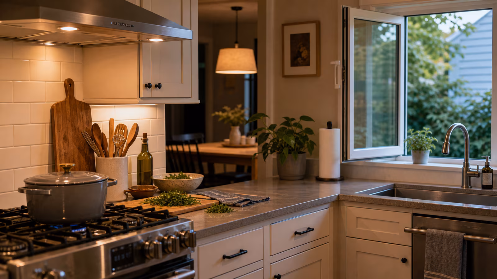 A practical kitchen with a range hood on, pan cooling, back window open, and nearby purifier away from splatter.