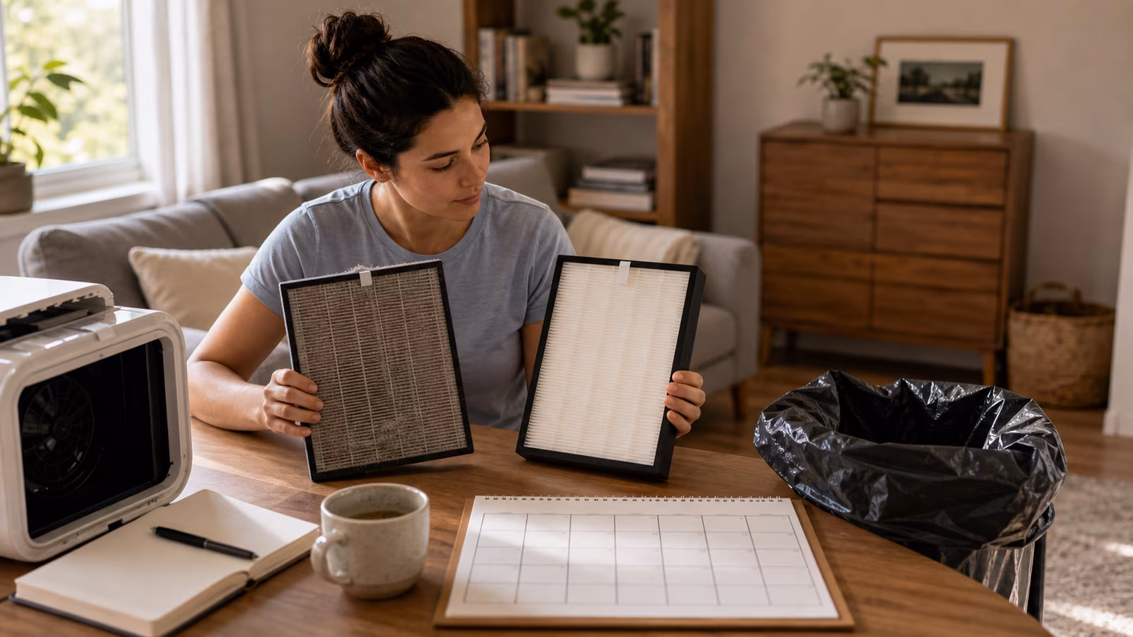A wall calendar, replacement HVAC filter, purifier filter, marker, and dust-free storage shelf.