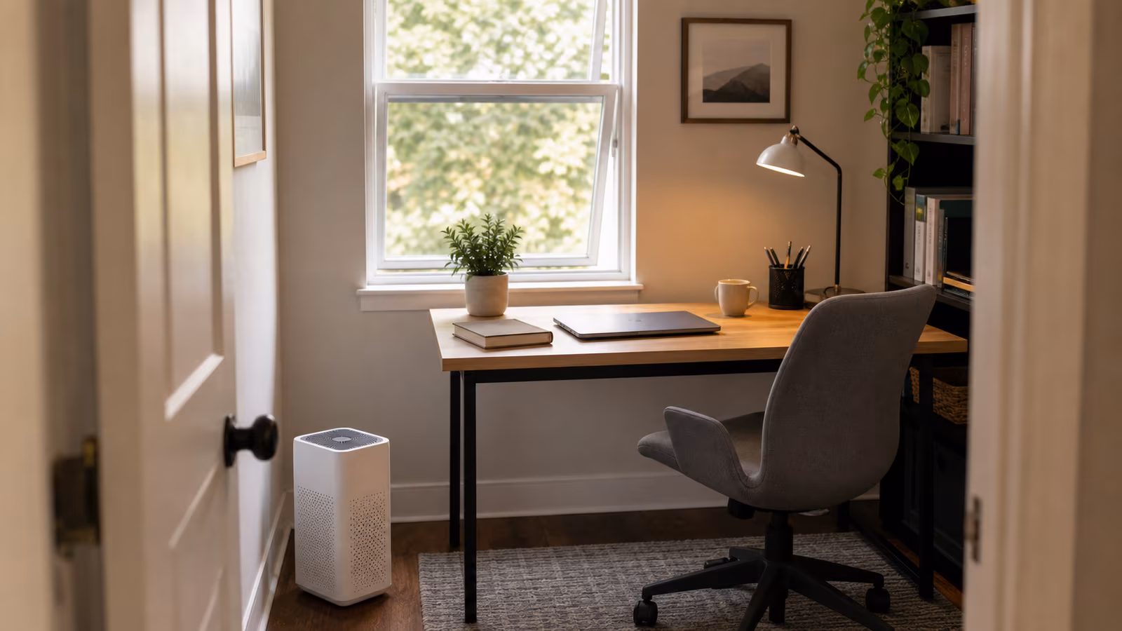 A small home office with laptop, CO2 monitor, cracked door, desk fan, purifier, and tidy cable routing.