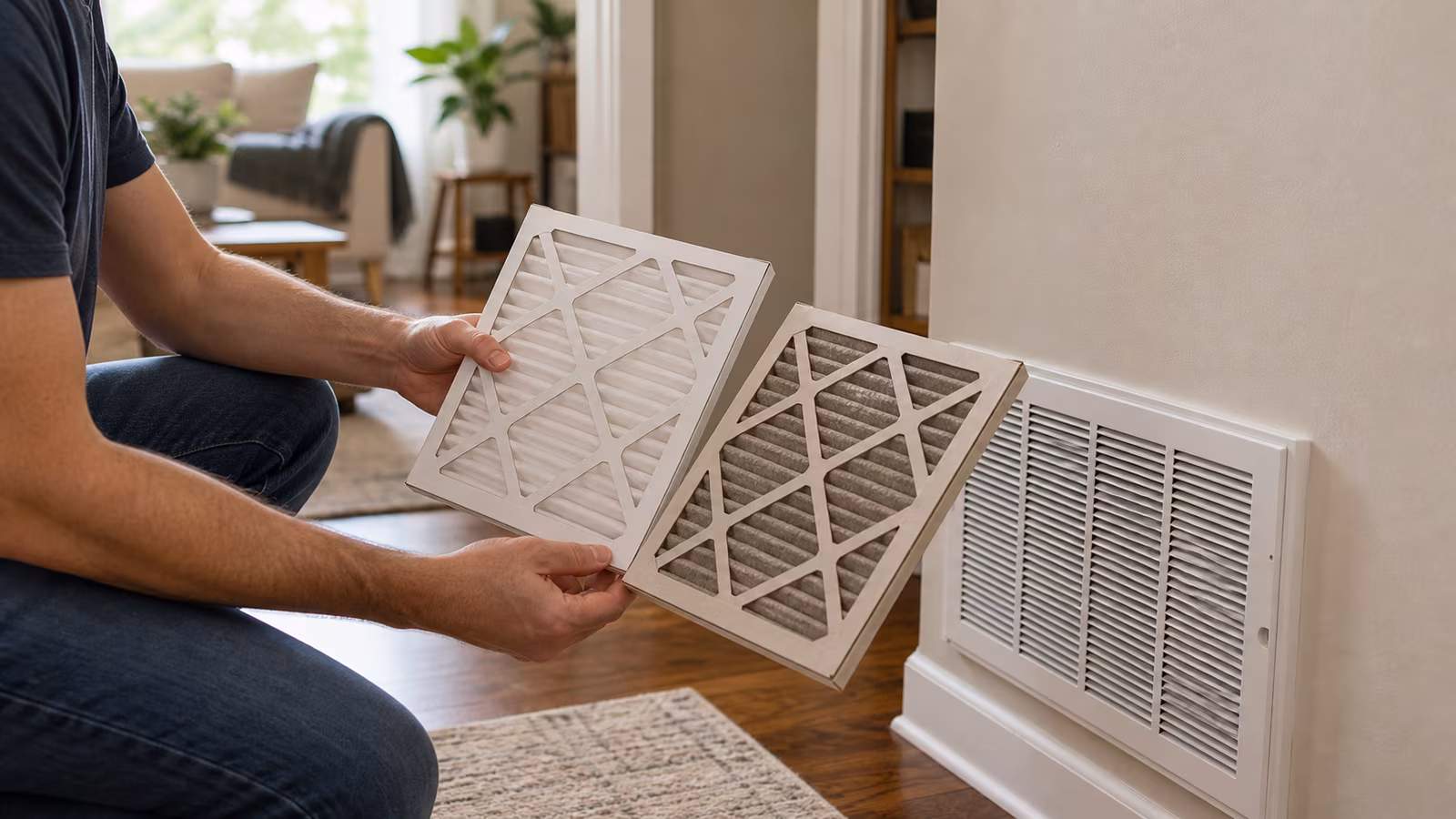 A furnace filter slot with a clean pleated filter, size markings blurred, flashlight, calendar sticker, and return grille.