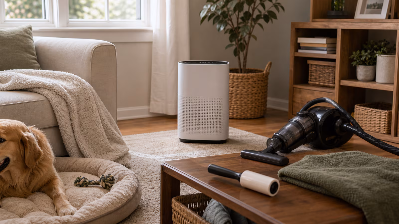 A living room pet corner with washable blanket, brush, vacuum, purifier set back from curtains, and a calm dog bed.