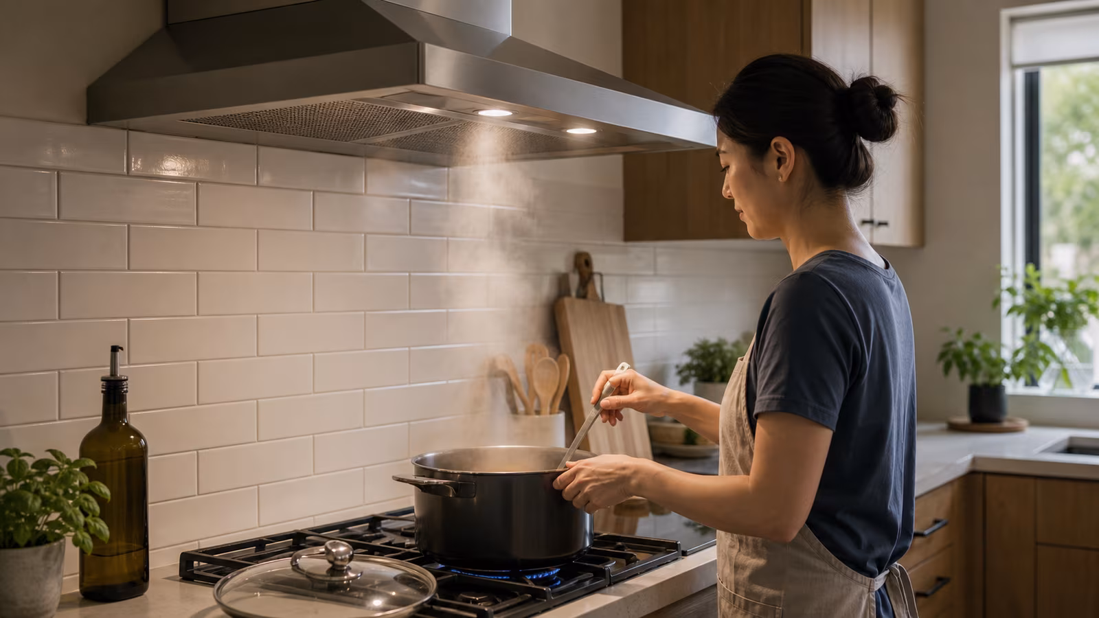 A stove with a range hood running, pot lid, open makeup-air path, clean filter, and a nearby window for after cooking.