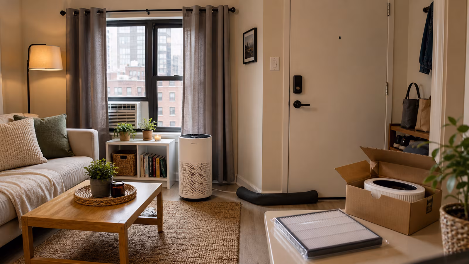 A rental bedroom with portable purifier, removable door draft stopper, shoe tray, washable curtains, and no permanent modifications.