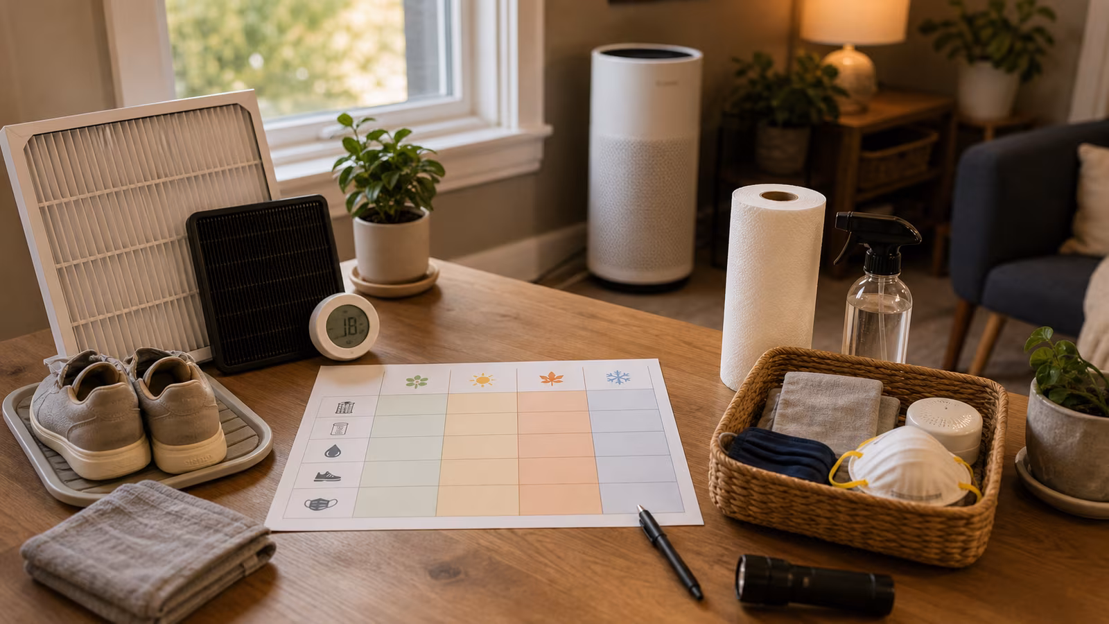 A seasonal maintenance table with HVAC filter, purifier filter, humidifier brush, pollen mat, smoke-day kit, and calendar.