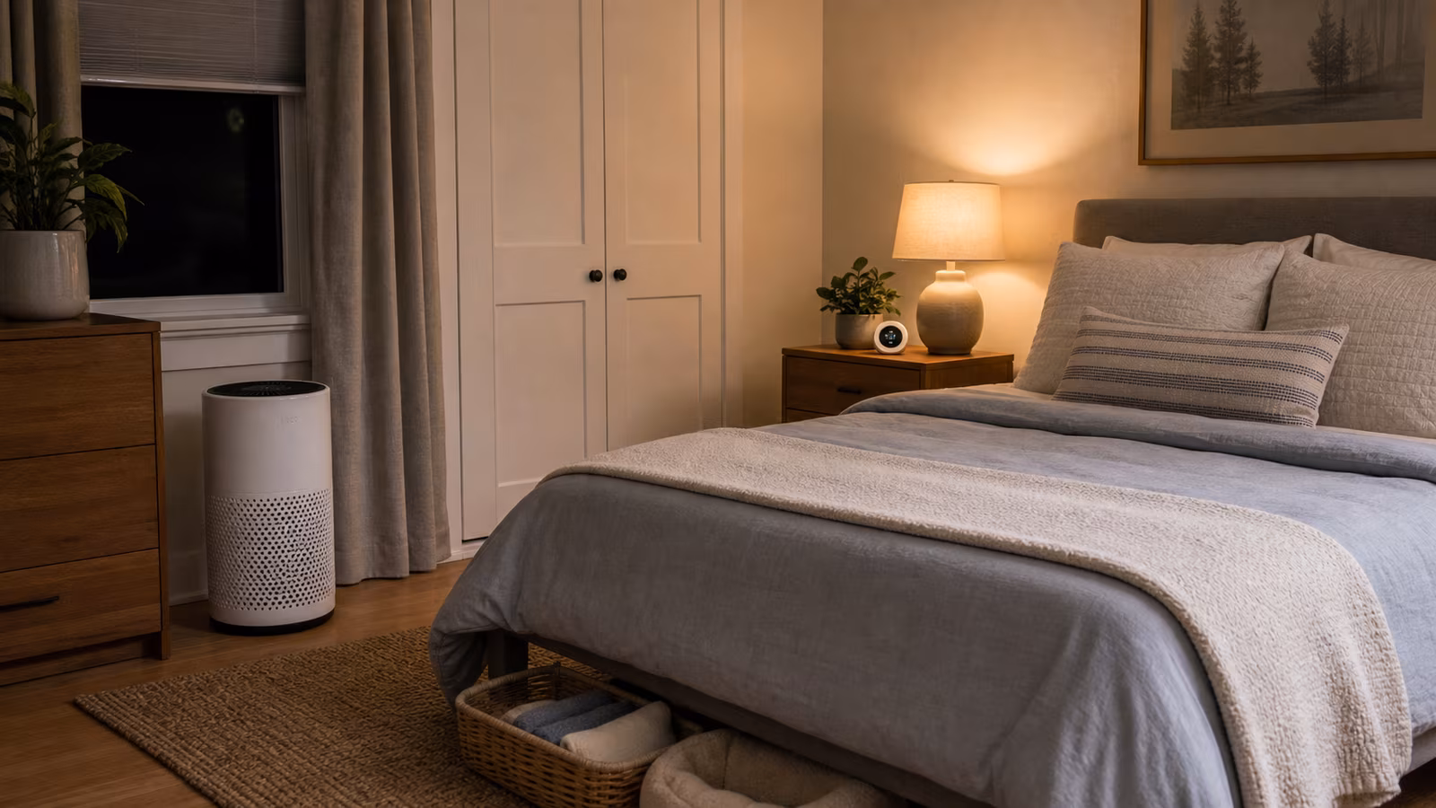 A bedroom with freshly washed bedding, quiet purifier, humidity gauge, open laundry basket, and bedside table cleared of dust.