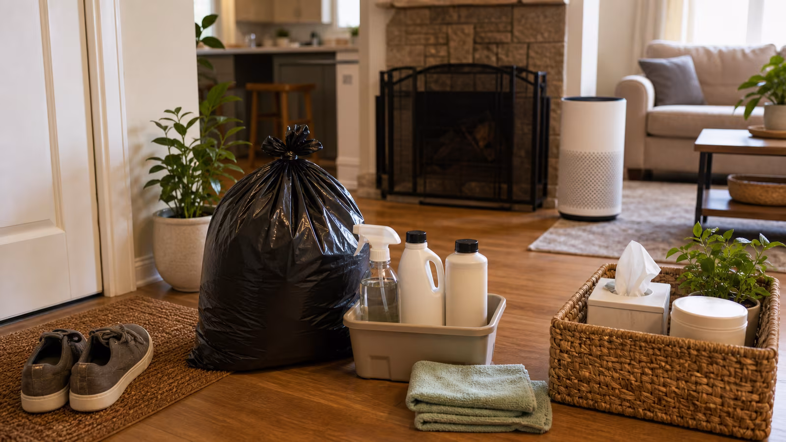 A living room split between a tidy low-source zone and a cluttered high-source corner with candles, dust, and open cleaning products.