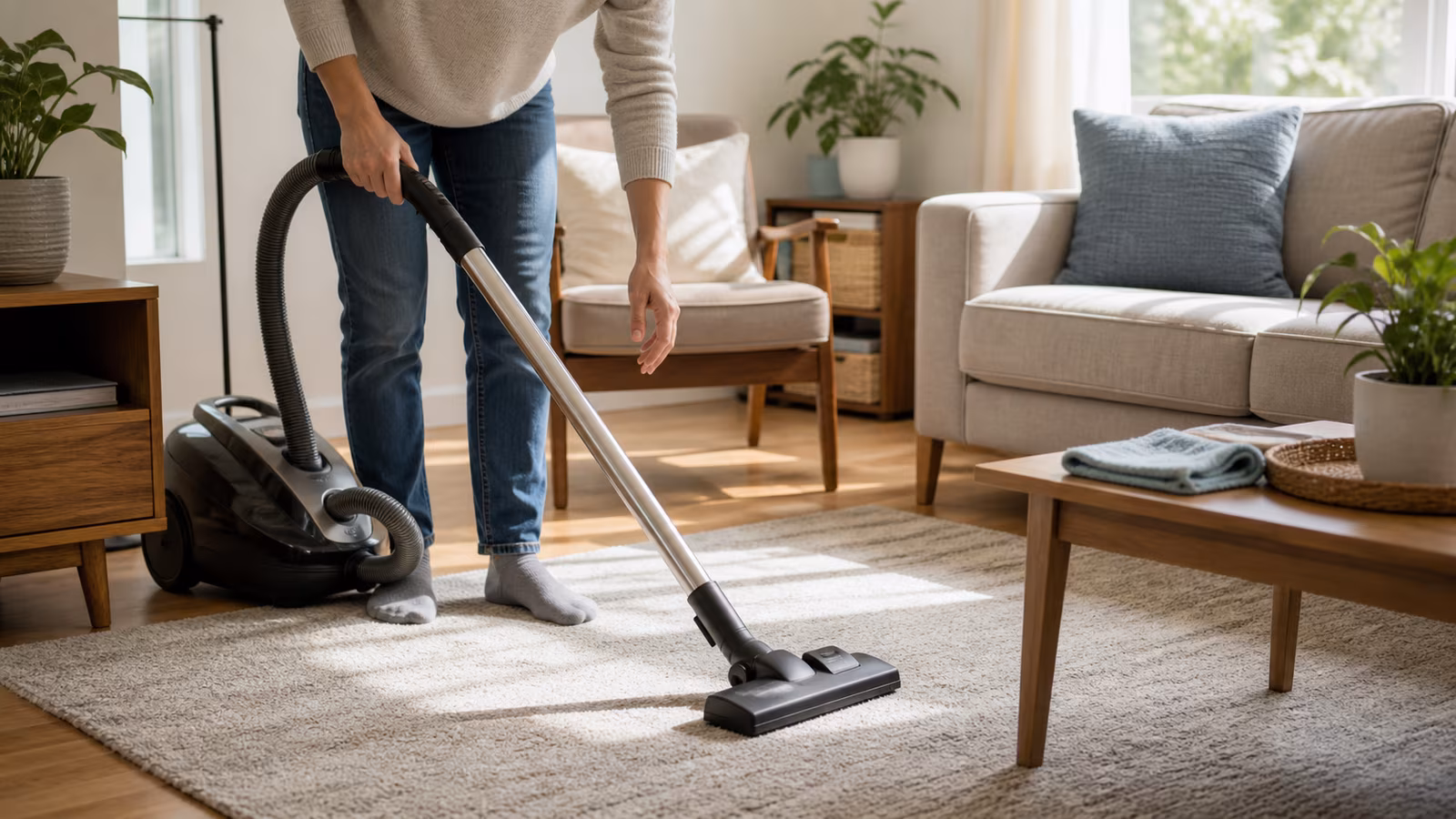 A living room cleaning setup with vacuum, washable rug, microfiber cloth, purifier running, and open storage bin.