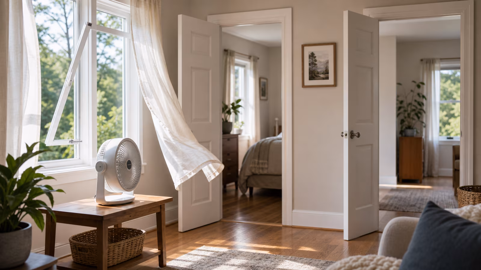 A home office with a cracked window, desk fan, CO2 monitor, closed door, and purifier set to the side.