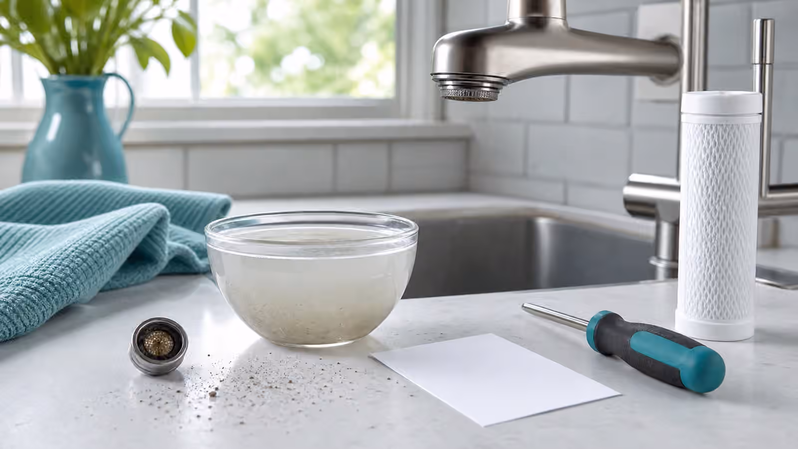 A kitchen sink with a removed aerator, cloudy first-flush water, tools, and a filter cartridge.