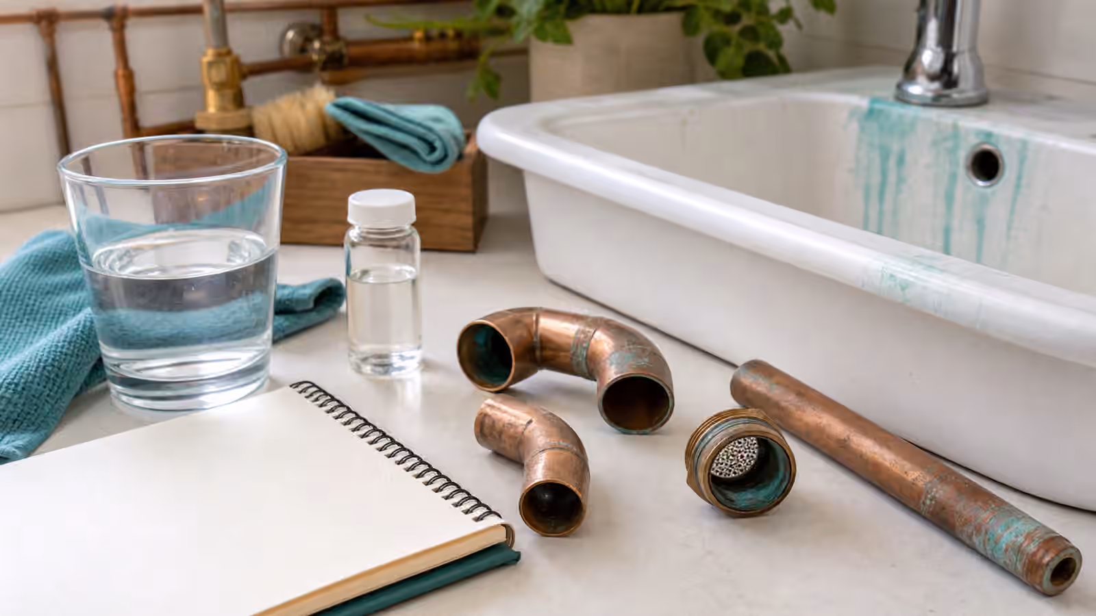 Copper pipe sections, a clear water glass, sample bottle, and subtle blue-green fixture staining near a utility sink.