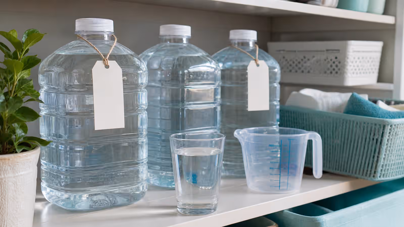 A pantry shelf with clean water containers, blank date tags, measuring cup, and a glass of water.