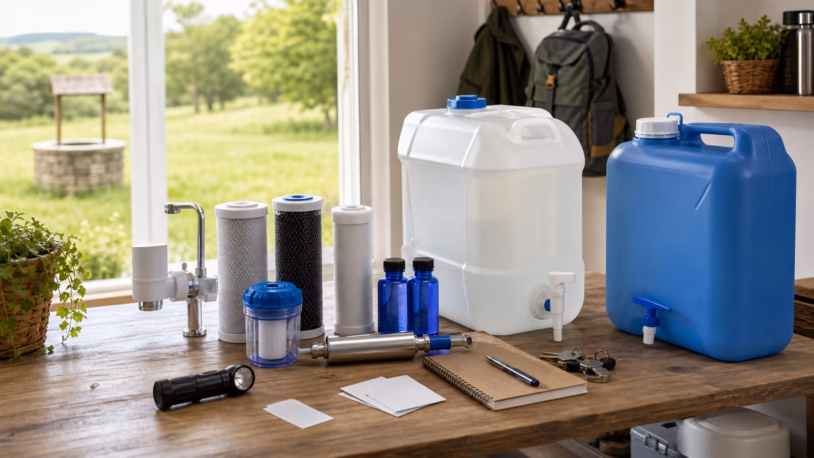 Emergency water storage containers, flashlight, sample bottles, and water filter cartridges arranged neatly on a home utility table.