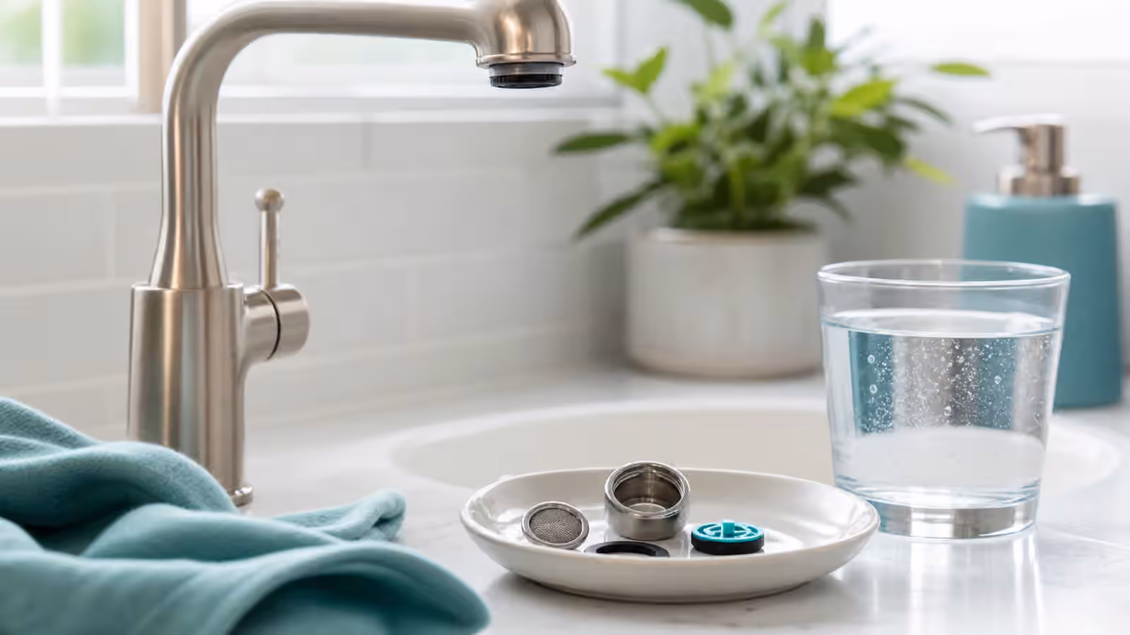 A sink counter with a removed faucet aerator, small fixture parts, a clear glass of water, and a soft cloth.