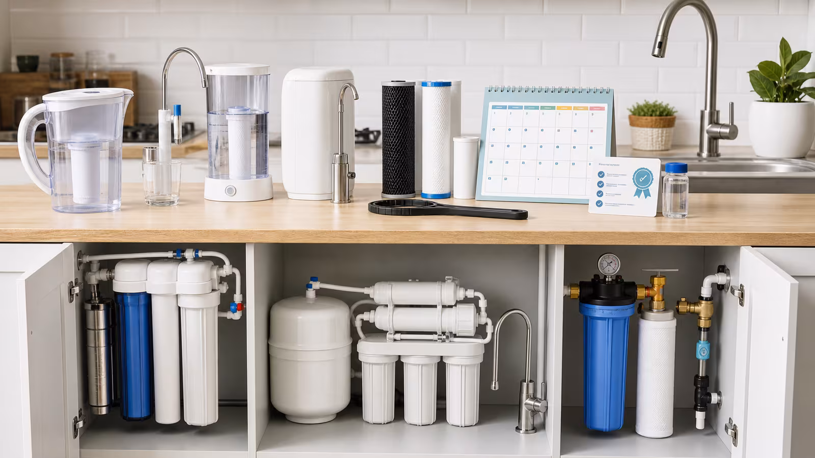 A row of water filter cartridges beside a simple maintenance calendar, wrench, and glass of water on a kitchen counter.