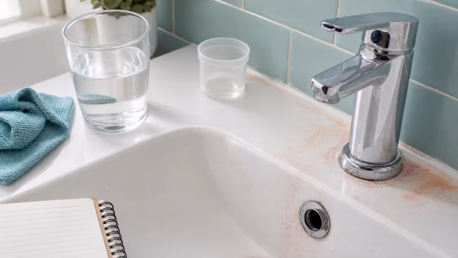 A clean bathroom sink with a chrome faucet, faint fixture staining, a sample cup, cloth, notebook, and glass of water.